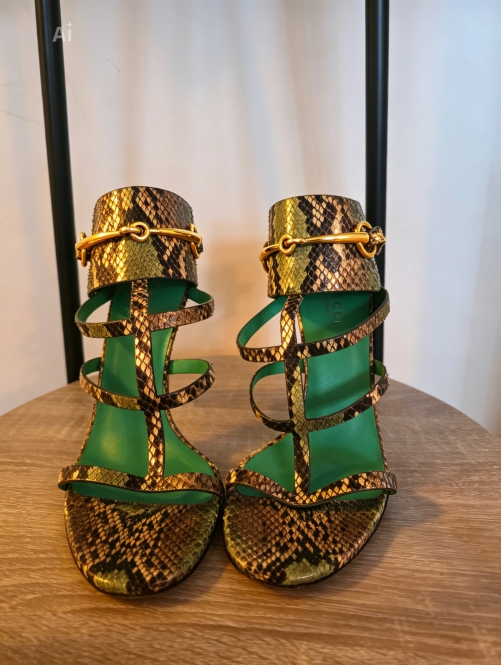 Gucci Green Snakeskin Strappy High Heel Sandals with Gold Hardware